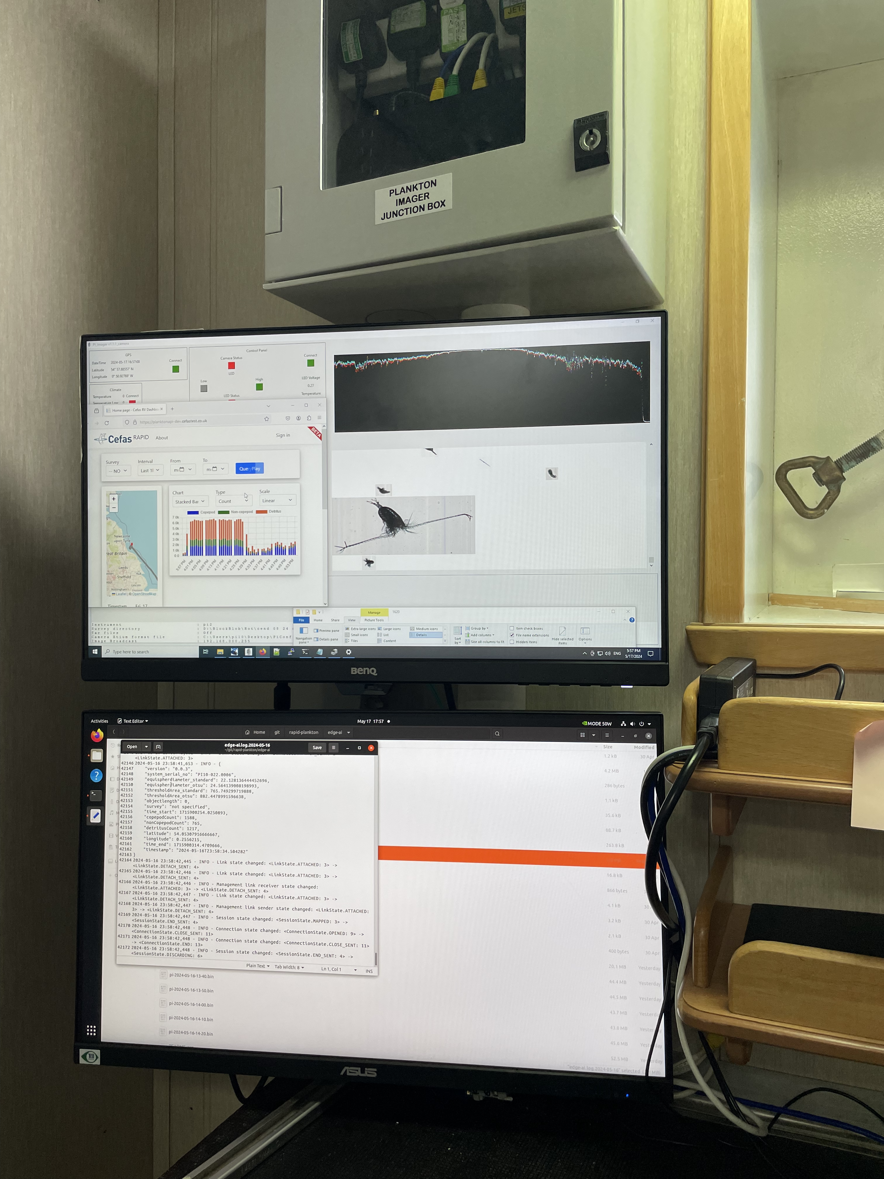 The real-time marine particle monitoring system in action during the survey. This image shows the live dashboard, which displays changes in species distribution as they occur, providing immediate insights into the marine environment.